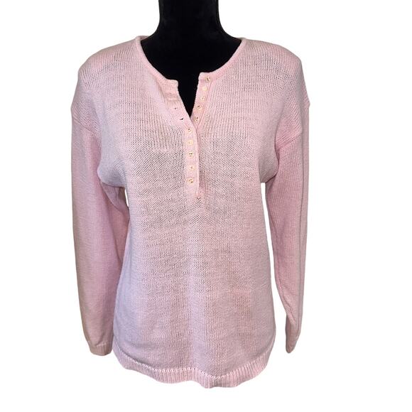 Vtg Club Sportif De Paris Pullover Sweater Size M Pink V Neck Floral Buttons - Picture 1 of 13